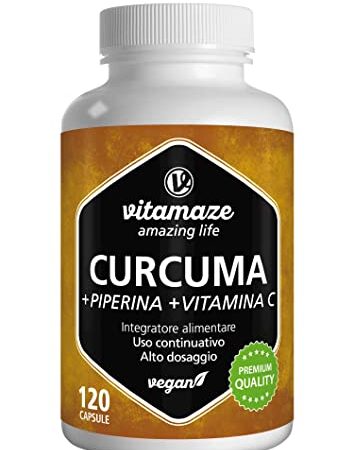 Vitamaze® Curcuma e Piperina plus 1440 mg con Vitamina C ad Alto Dosaggio, L'Estratto 95% da Curcumina e Piperina Pura, 120 Curcuma Capsule Vegan, Qualità Tedesca.